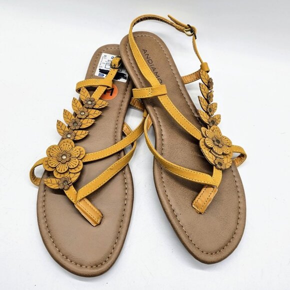 Andiamo Mustard Yellow Sandals Floral Boho Spring Summer Beach Size 11 Ascout - Picture 1 of 8